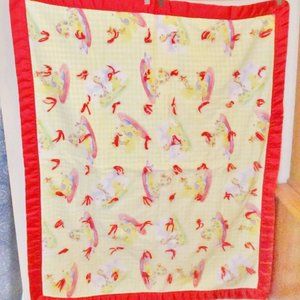 Vtg. Suzy Spafford Baby Blanket Throw Nursery Decor Yellow, Baby Ducks, Red Trim
